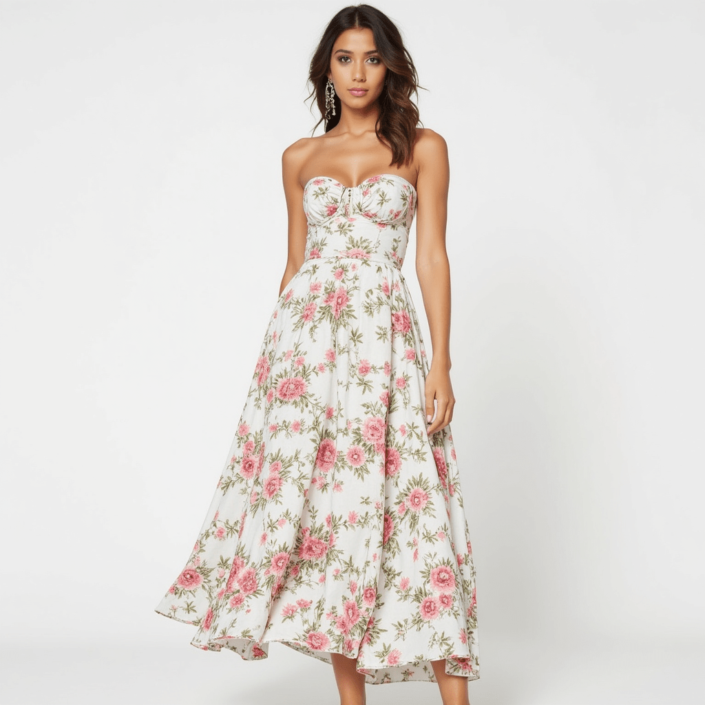 Strapless Midi Dress – Floral Print – Romantic Garden Party Style