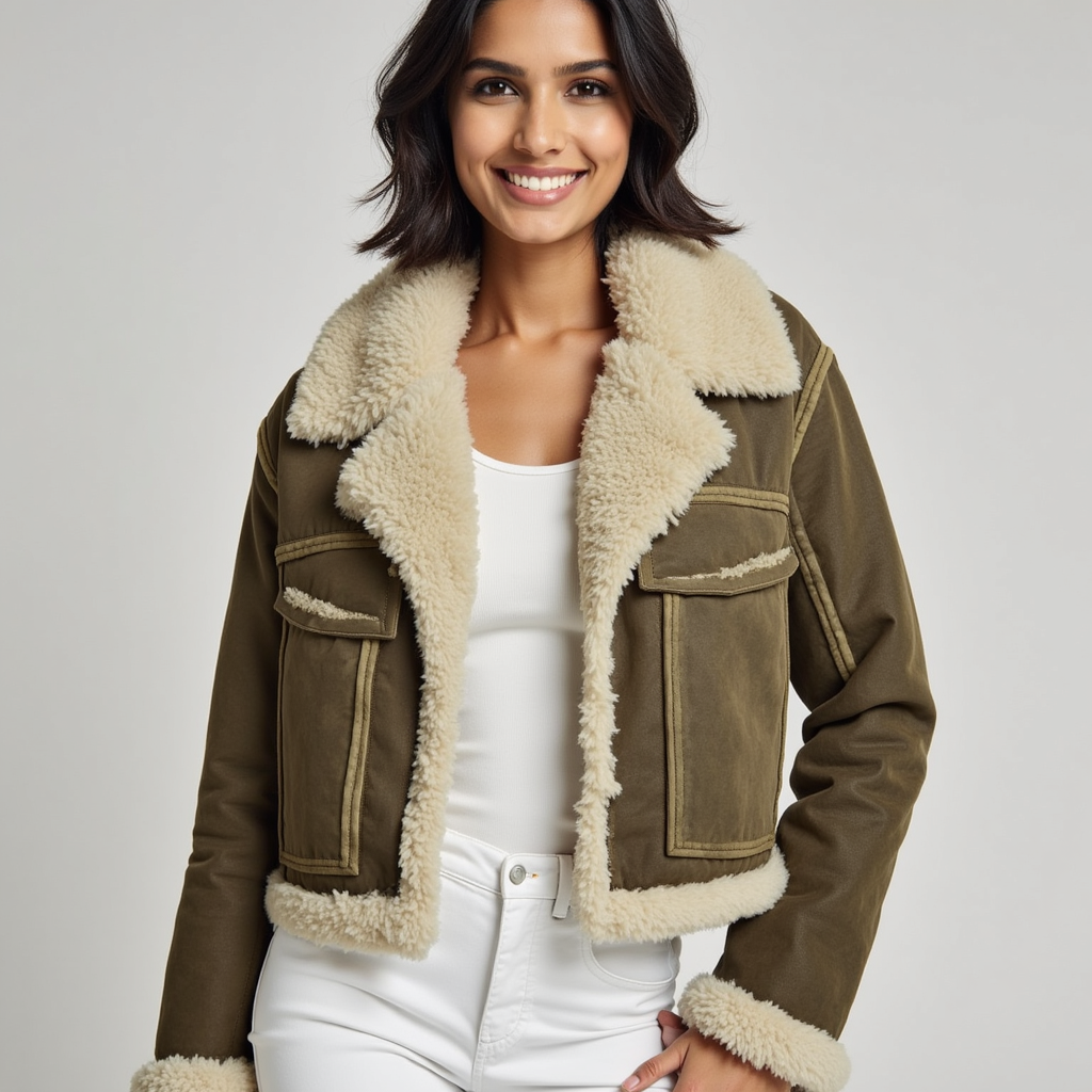 Cropped Shearling Jacket – Faux Suede Finish – Winter Casual Look