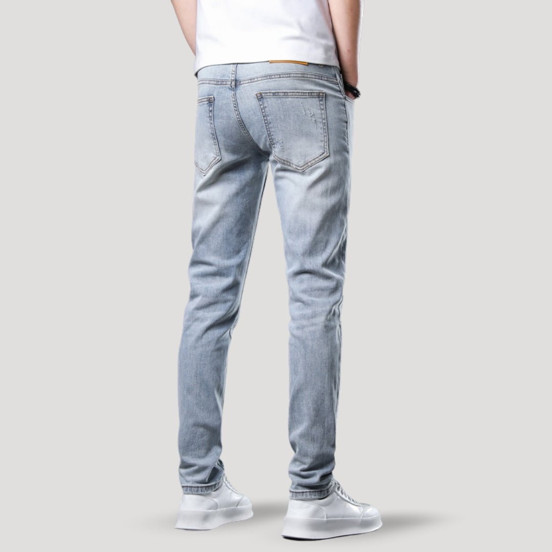 Slim Fit Jeans – Distressed Denim – Light Wash Street Style