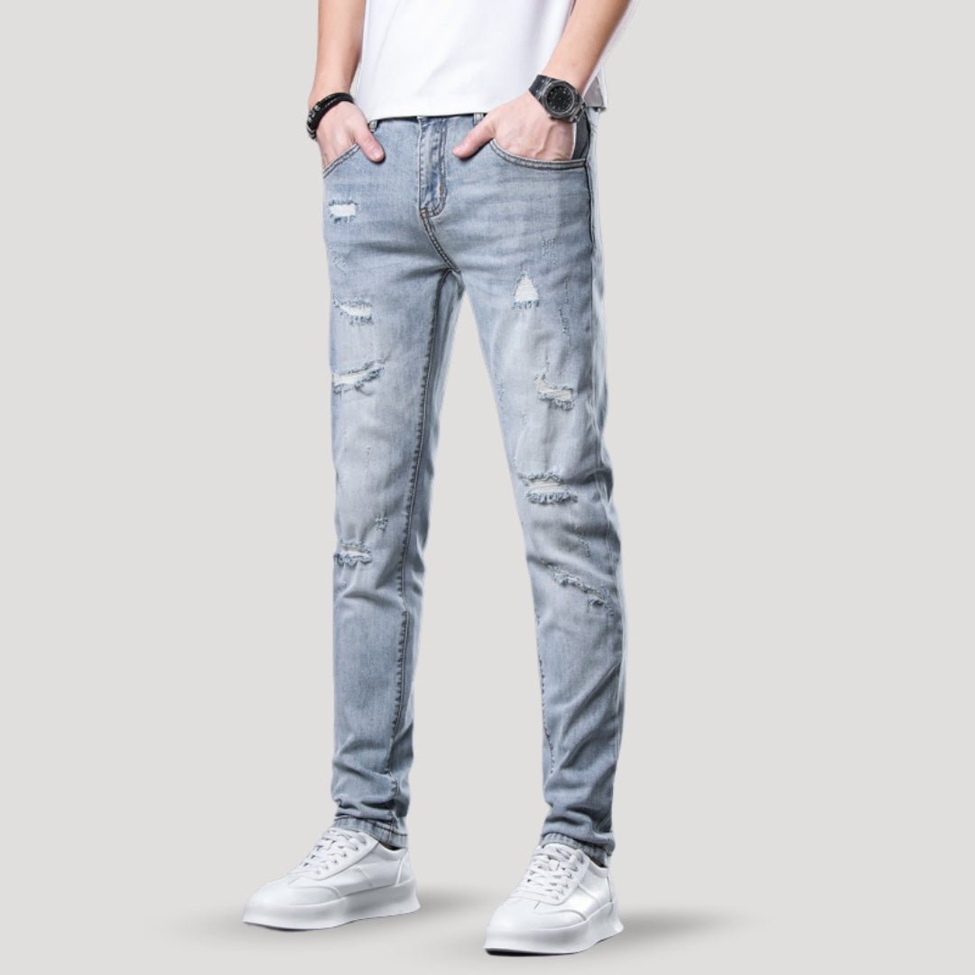 Slim Fit Jeans – Distressed Denim – Light Wash Street Style