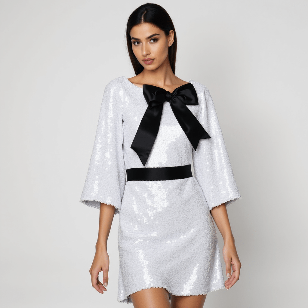 Sequin Mini Dress – Satin Bow Detail – Glam Party Statement