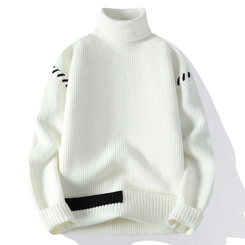 Men’s Turtleneck Sweater – Ribbed Knit – White with Contrast Detail