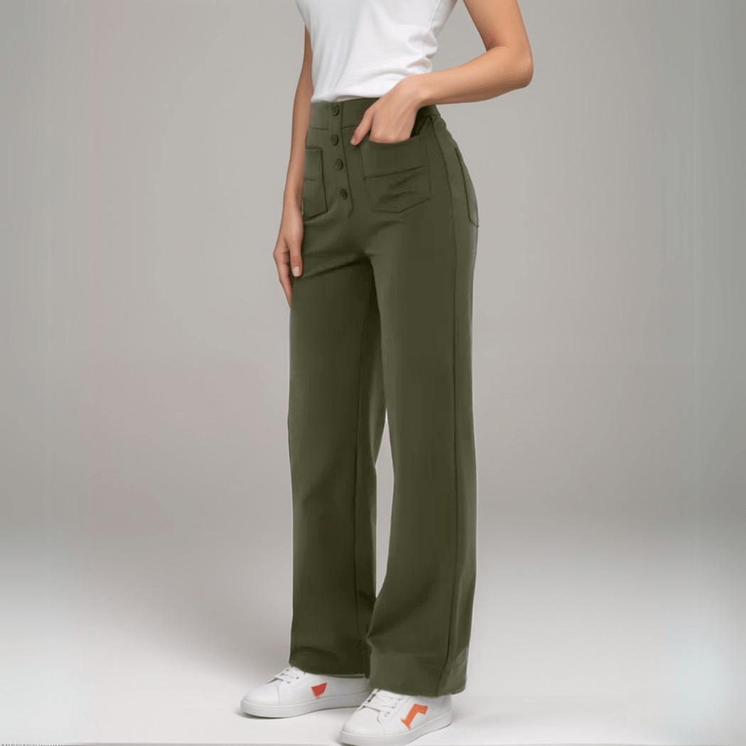 High-Waisted Pants – Button Front – Soft Pink Casual Style