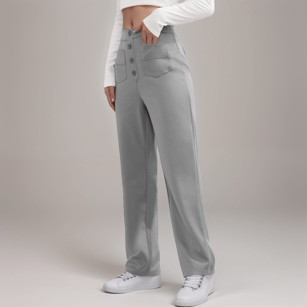 High-Waisted Pants – Button Front – Soft Pink Casual Style