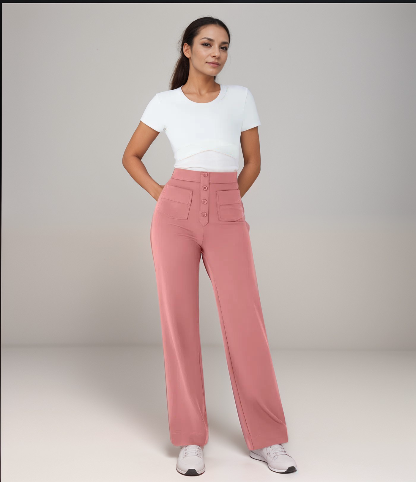High-Waisted Pants – Button Front – Stretch Comfort Fit