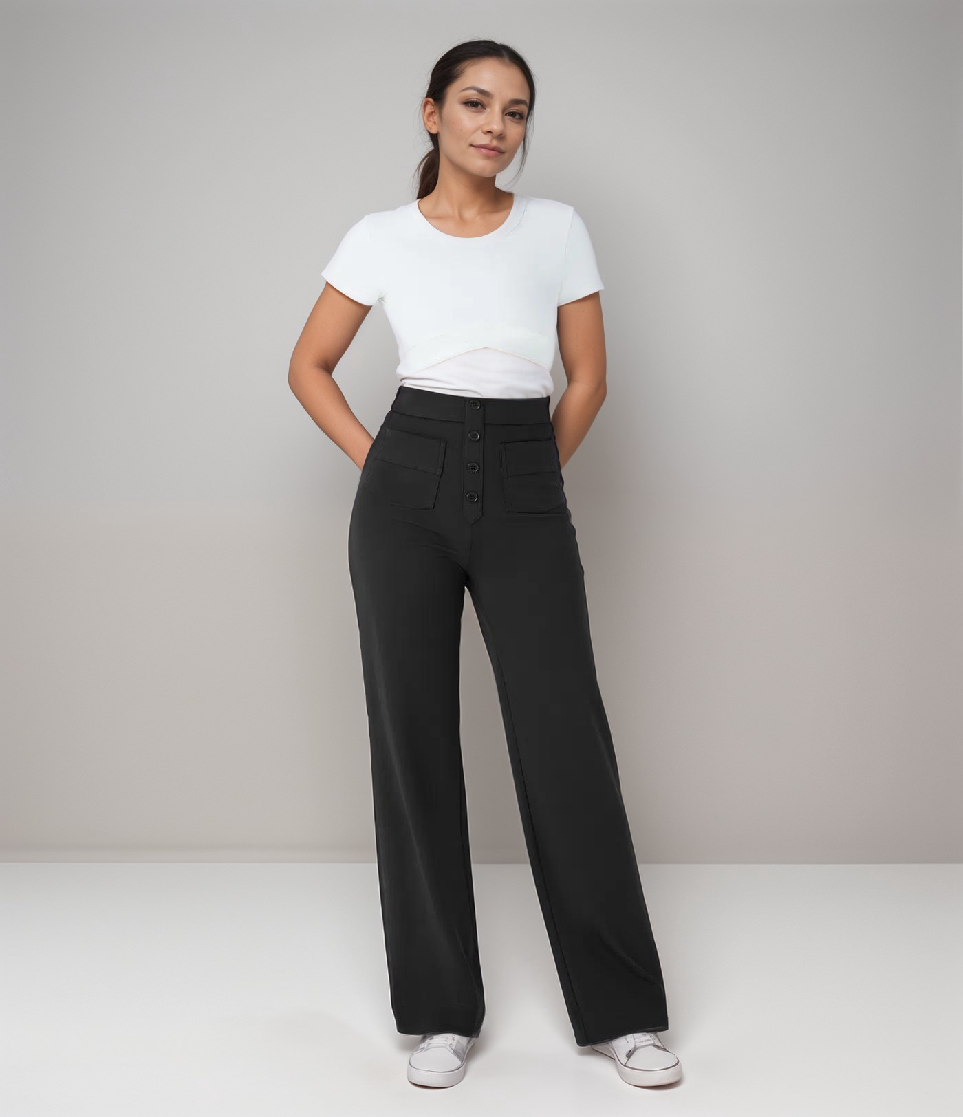 High-Waisted Pants – Button Front – Stretch Comfort Fit