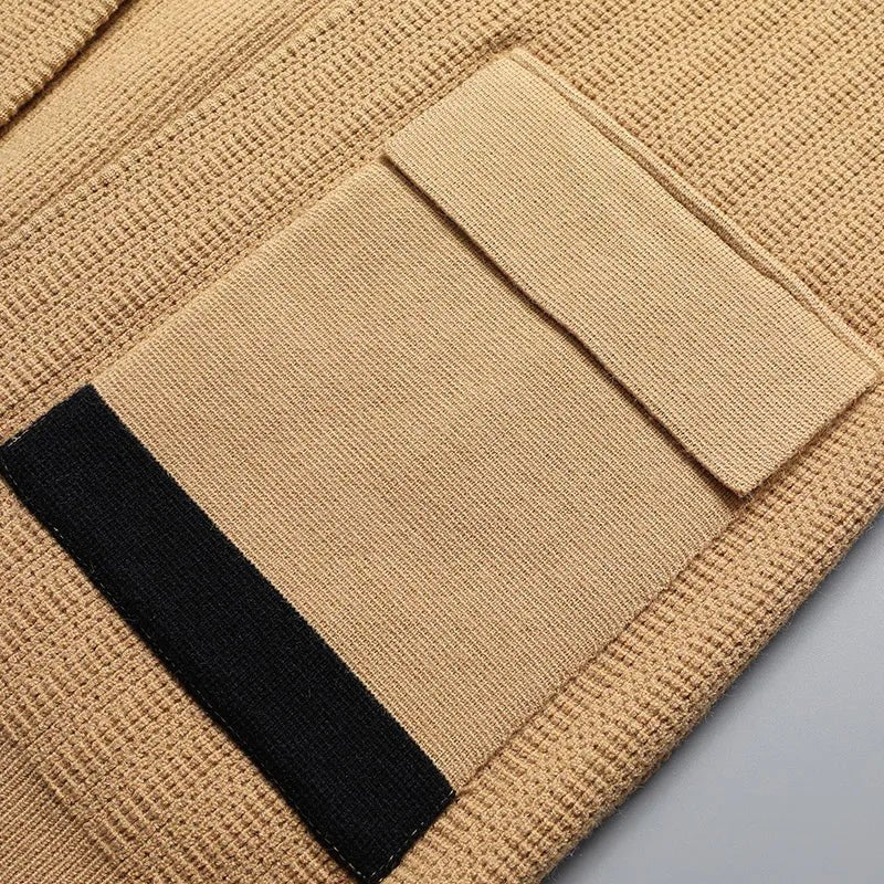 Men’s Knit Cardigan – Utility Pockets – Camel with Black Contrast