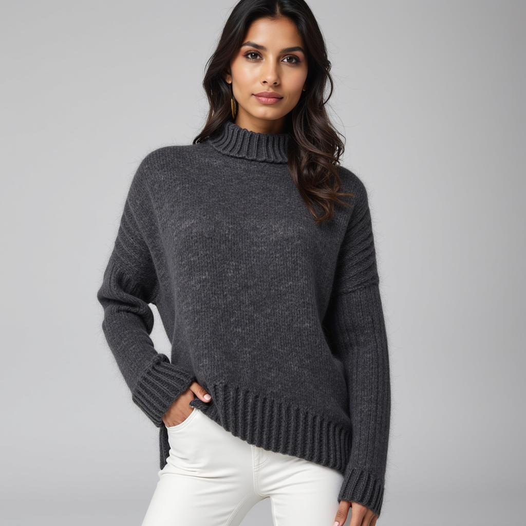 Mock Neck Sweater – Ribbed Hem – Soft Knit Winter Look