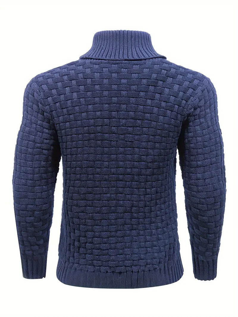 Men’s Knit Sweater – Navy Waffle Texture – Button Collar Detail