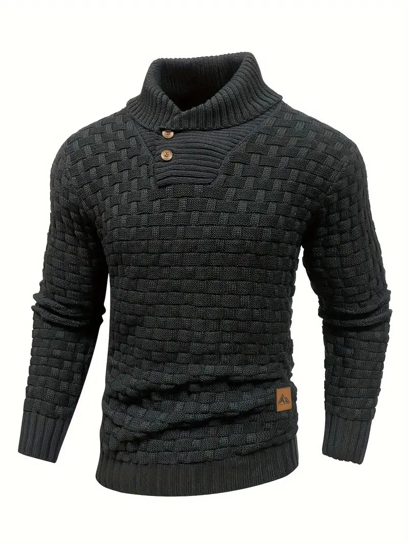 Men’s Knit Sweater – Navy Waffle Texture – Button Collar Detail