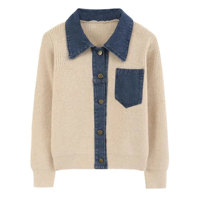Knitted Cardigan – Denim Splicing – Cozy Winter Layering Style
