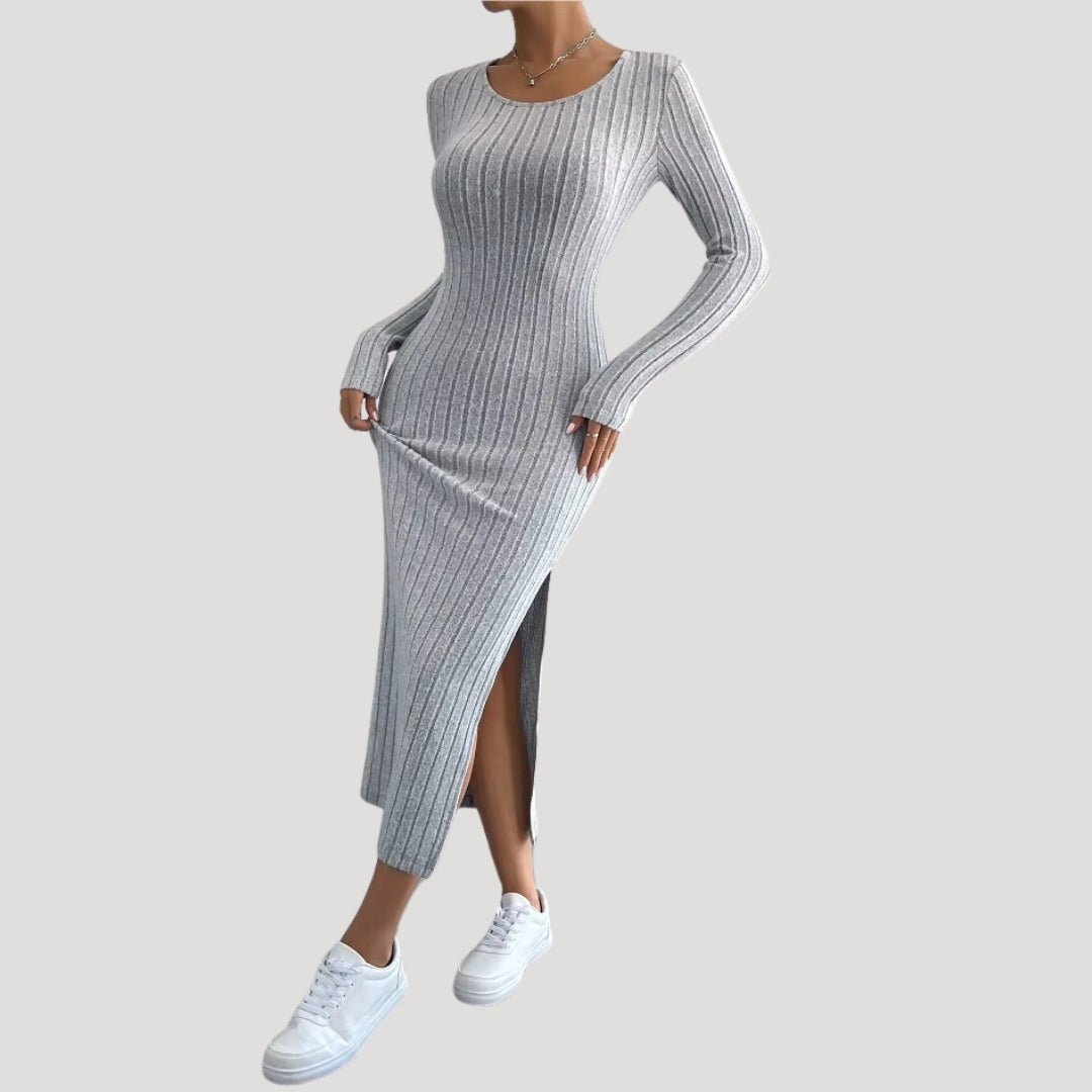 Ribbed Midi Dress – Bodycon Fit – Long Sleeve Casual Elegance