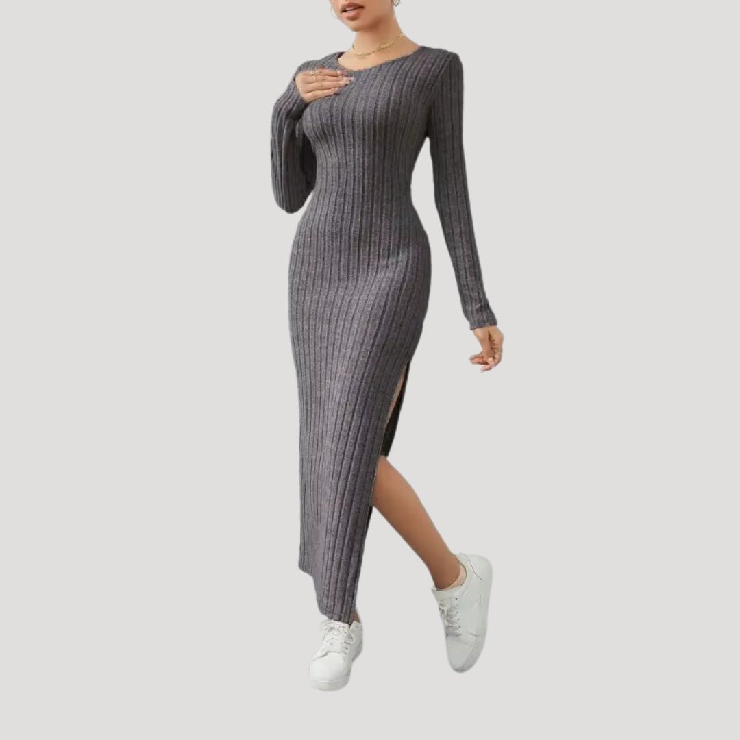 Ribbed Midi Dress – Bodycon Fit – Long Sleeve Casual Elegance