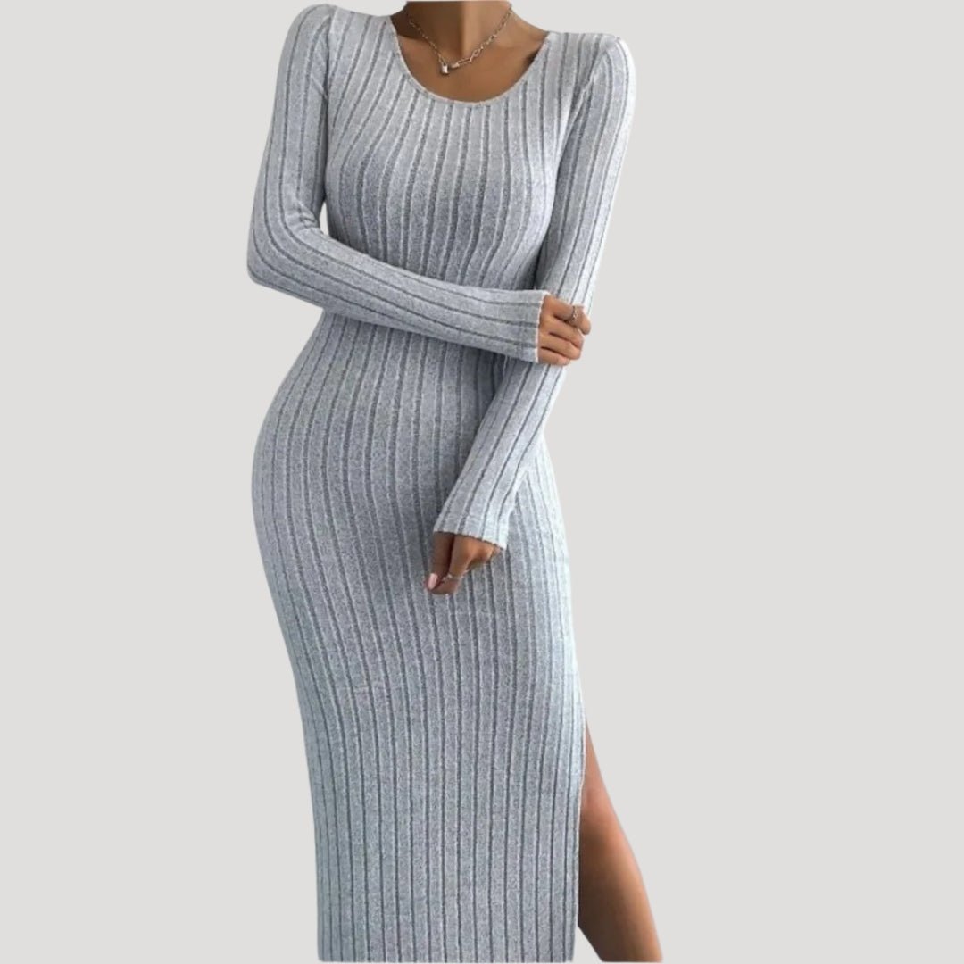 Ribbed Midi Dress – Bodycon Fit – Long Sleeve Casual Elegance
