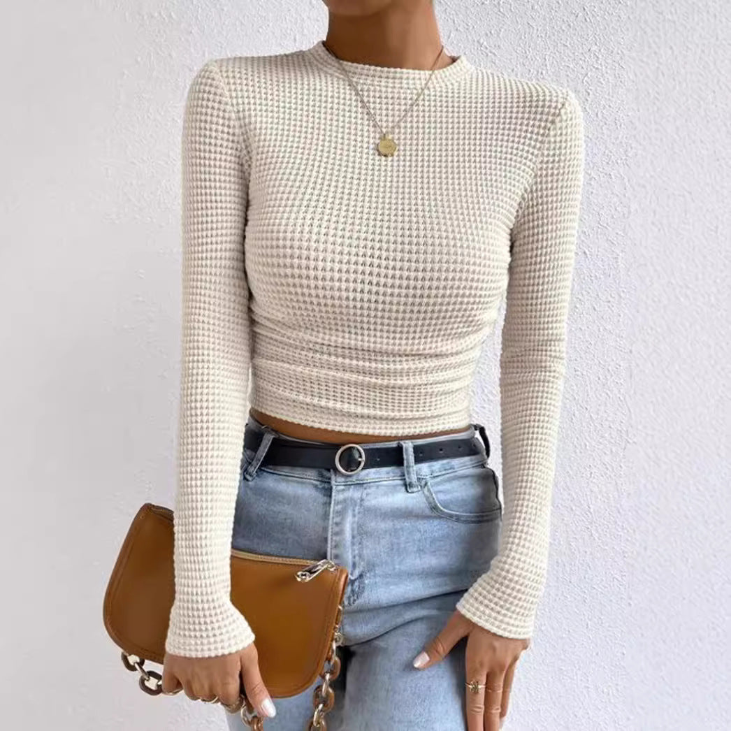 Crop Top – Waffle Knit Texture – Casual Long Sleeve Style