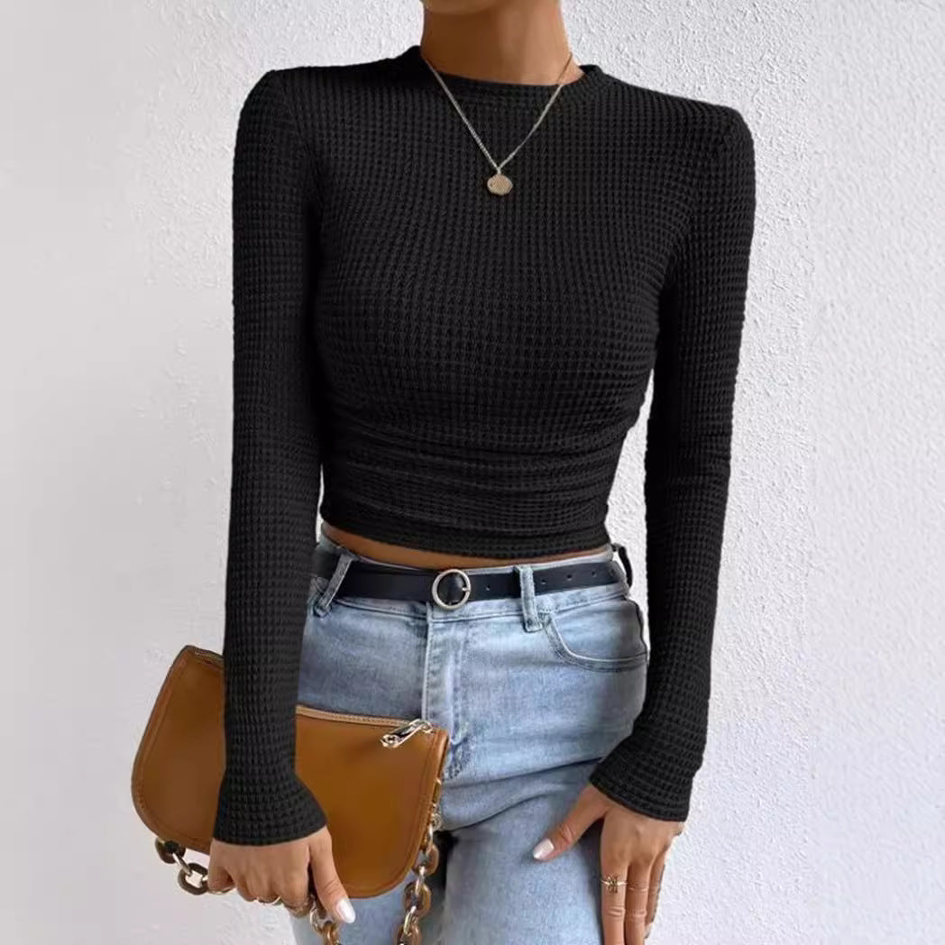 Crop Top – Waffle Knit Texture – Casual Long Sleeve Style
