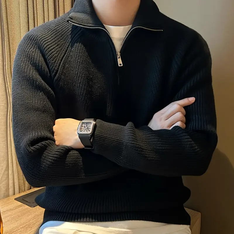 Men's Quarter Zip Sweater - Soft Cotton Knit with Ribbed Texture
