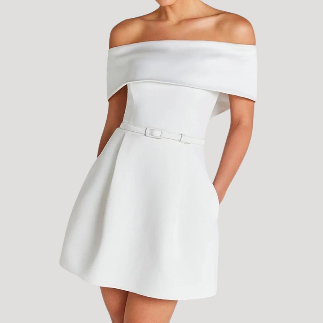 Off-Shoulder Mini Dress – Belted Waist – Elegant Party Style