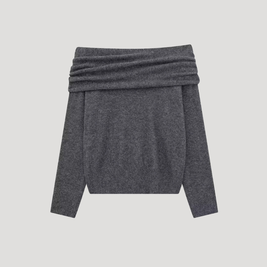 Off-Shoulder Knit Sweater – Ribbed Collar – Feminine Winter Style