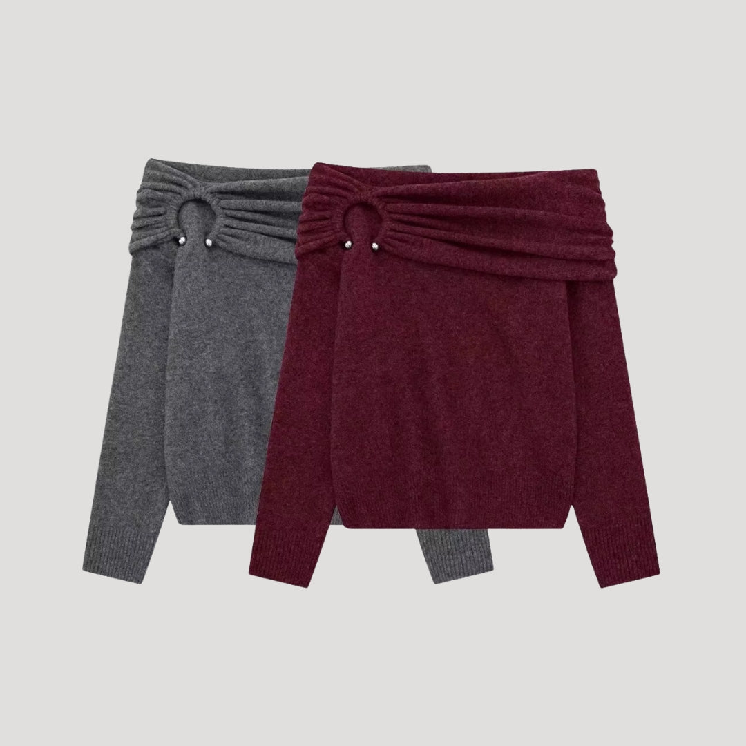 Off-Shoulder Knit Sweater – Ribbed Collar – Feminine Winter Style