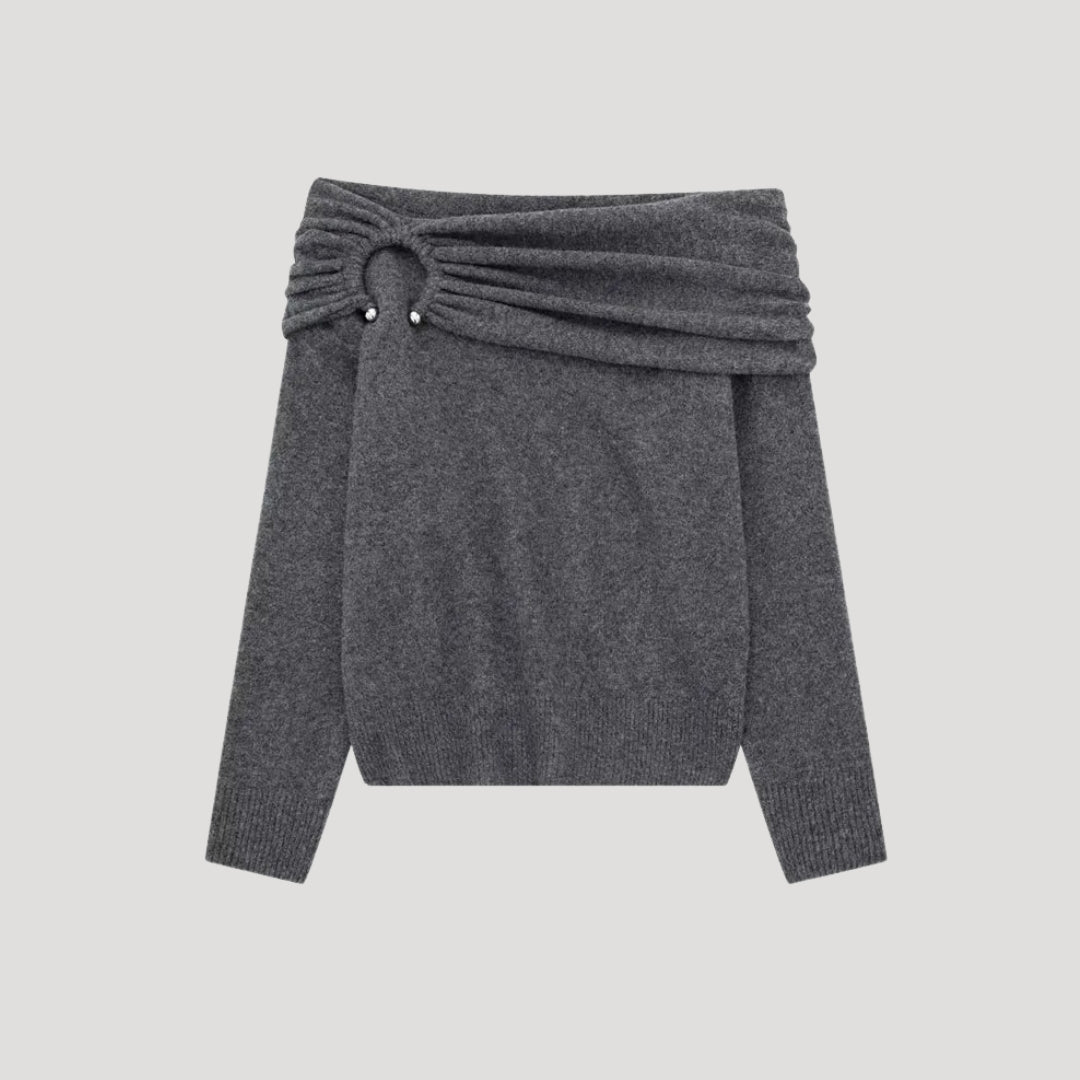 Off-Shoulder Knit Sweater – Ribbed Collar – Feminine Winter Style