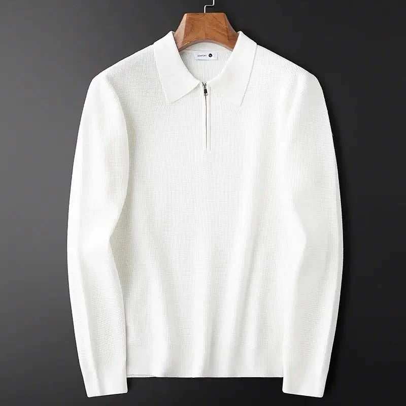 Men’s Quarter-Zip Sweater – Textured Knit – Classic White Smart Fit