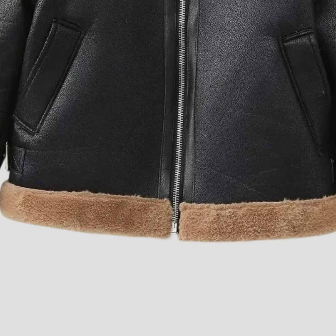 Faux Leather Jacket – Shearling Trim – Elegant Winter Style
