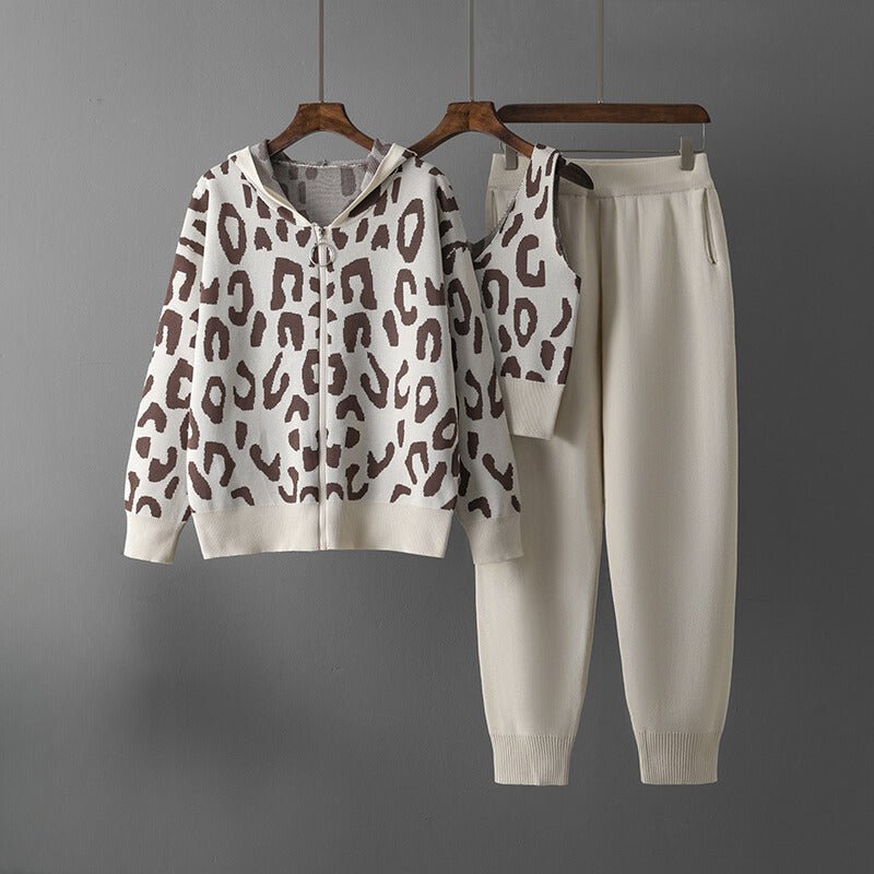 Loungewear Set – Leopard Print Hoodie – 3-Piece Knit Style