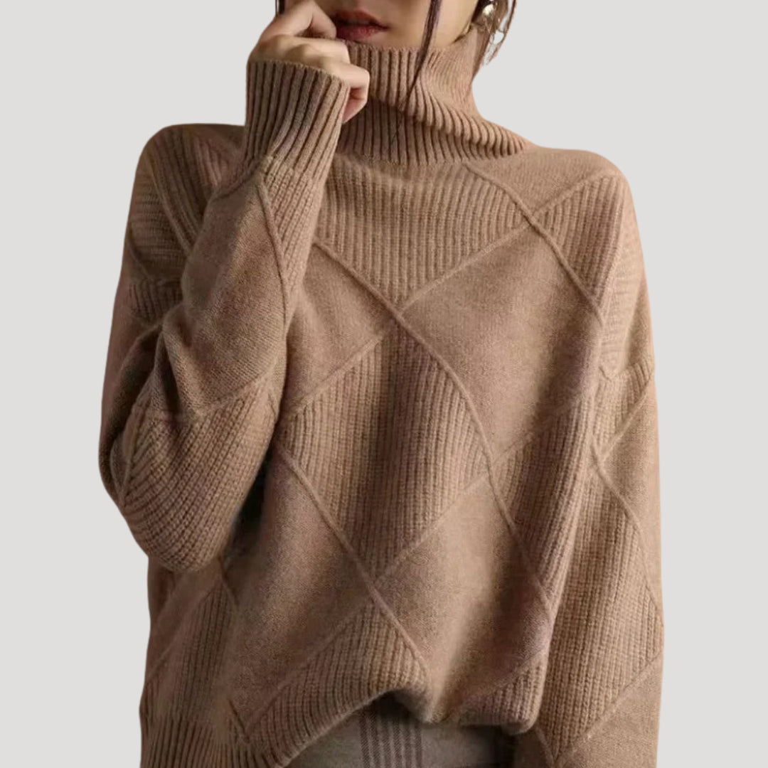 Turtleneck Sweater – Mustard Knit – Diamond Cable Pattern