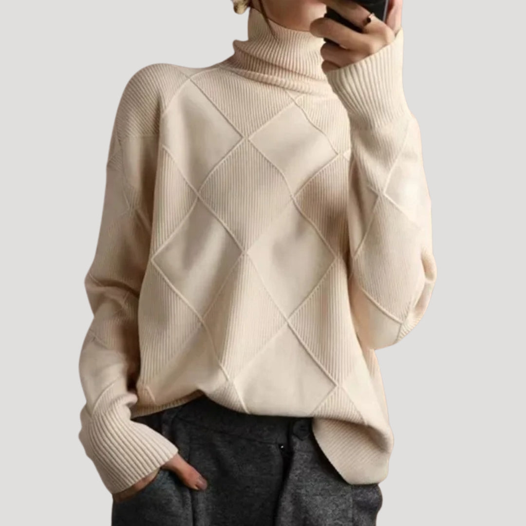 Turtleneck Sweater – Mustard Knit – Diamond Cable Pattern