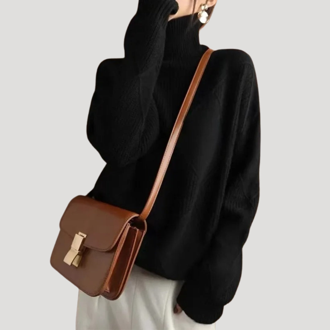 Turtleneck Sweater – Mustard Knit – Diamond Cable Pattern