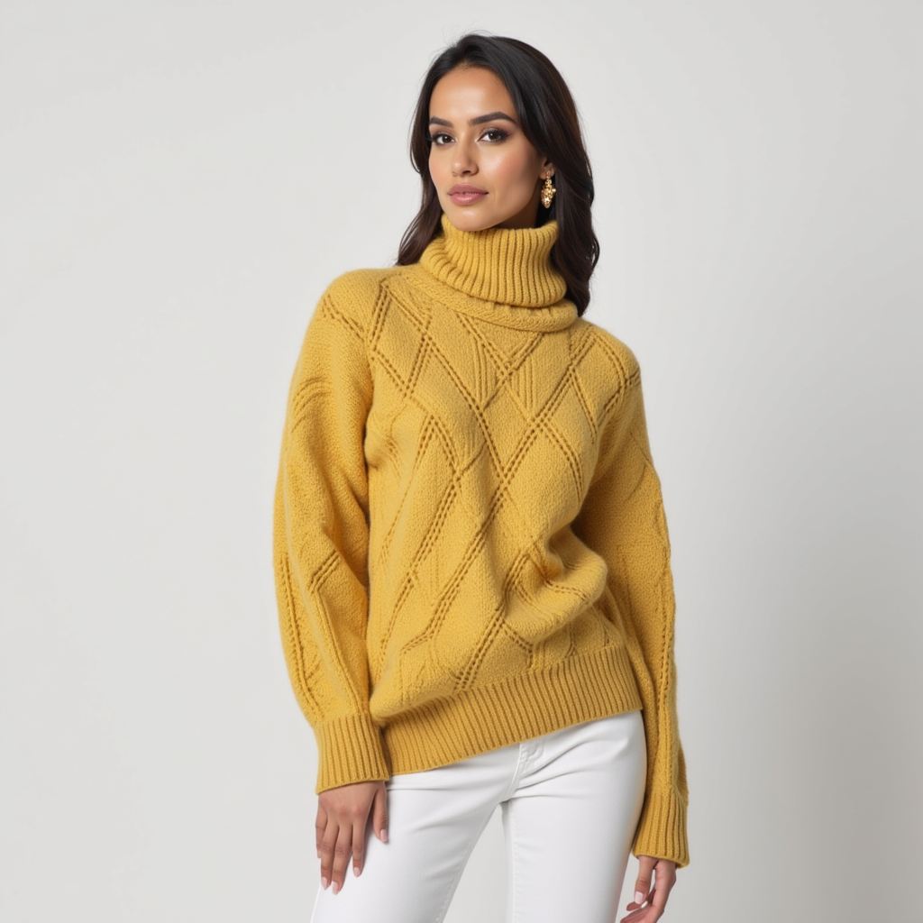 Turtleneck Sweater – Mustard Knit – Diamond Cable Pattern
