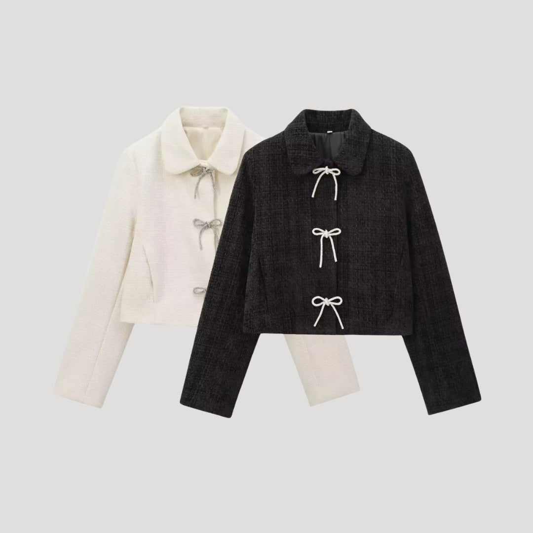 Tweed Jacket – Bow Tie Front – Chic Cropped Style