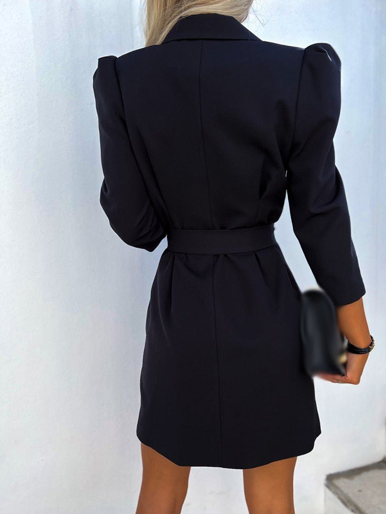 Women’s Blazer Dress – Tailored Fit – Double-Breasted – Belted Waist – Padded Shoulders