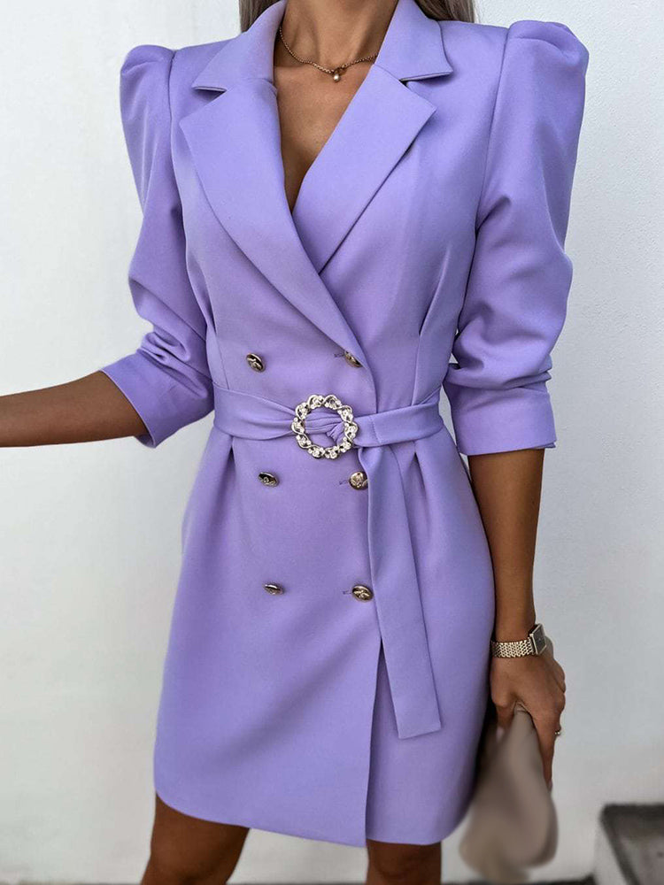 Women’s Blazer Dress – Tailored Fit – Double-Breasted – Belted Waist – Padded Shoulders