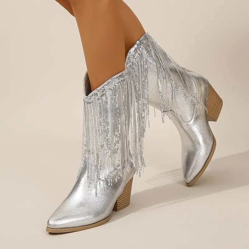 Women’s Mid-Calf Boots – Pointed Toe – Chunky Heel – Sequin Finish – Fringe Detail