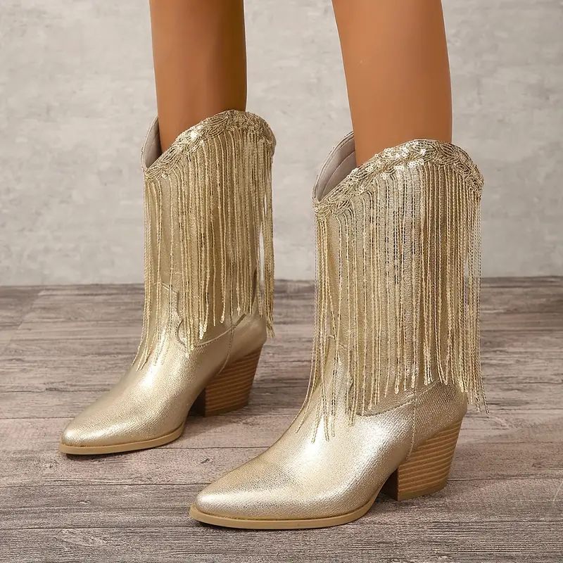Women’s Mid-Calf Boots – Pointed Toe – Chunky Heel – Sequin Finish – Fringe Detail