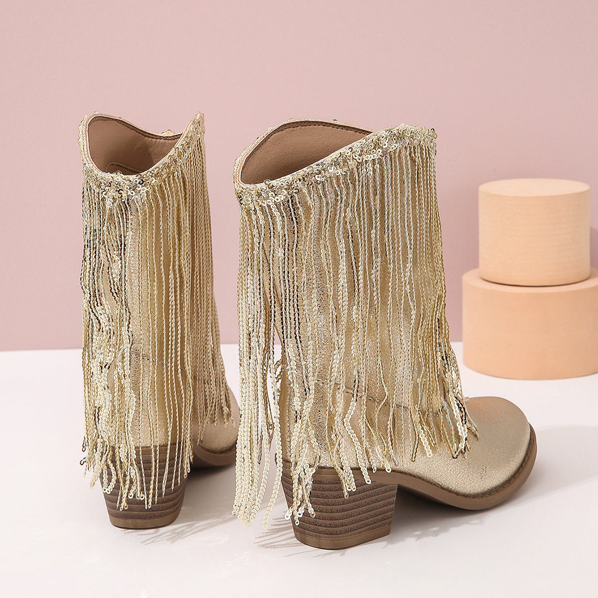 Women’s Mid-Calf Boots – Pointed Toe – Chunky Heel – Sequin Finish – Fringe Detail