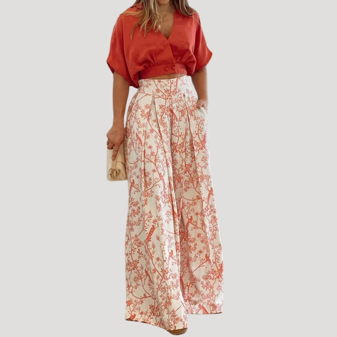 Co-Ord Set – Wide Leg Trousers & Wrap Top – Summer Casual Style
