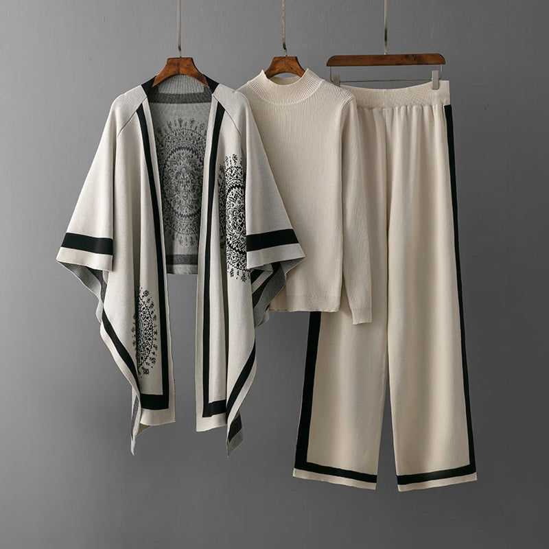 3-Piece Knit Set – Soft Ribbed Fabric – Casual Lounge Elegance