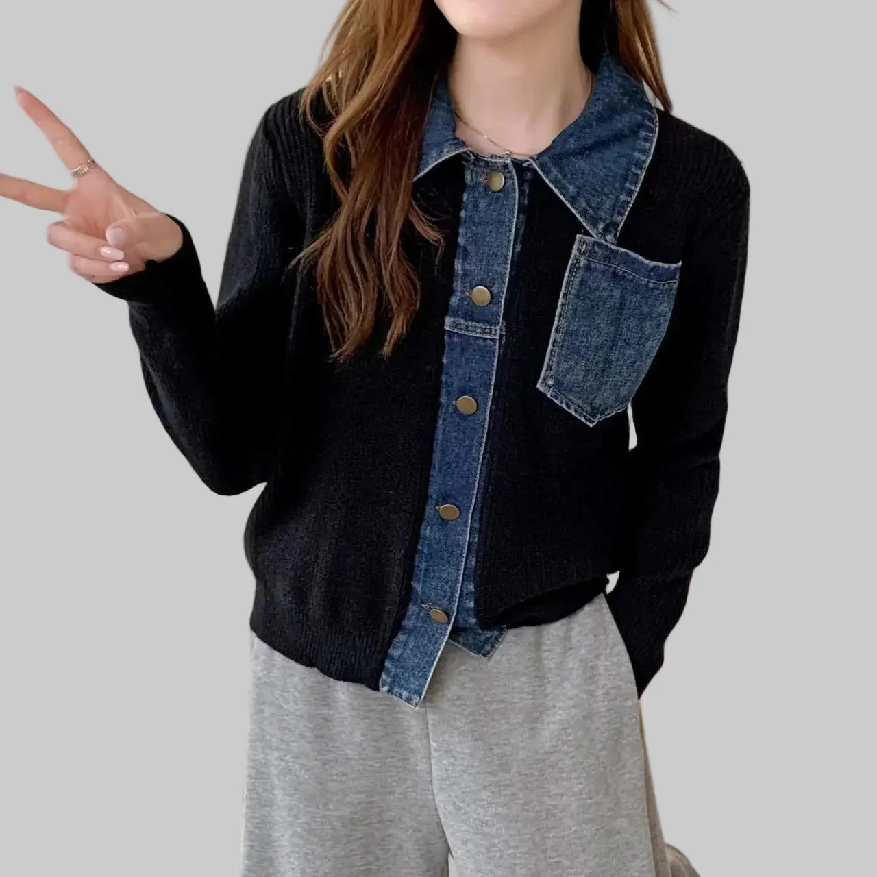 Cropped Denim Jacket – Unique Patchwork Design – Trendy Casual Outerwear