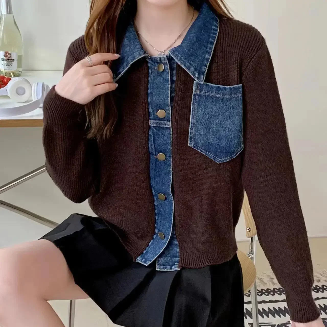 Cropped Denim Jacket – Unique Patchwork Design – Trendy Casual Outerwear