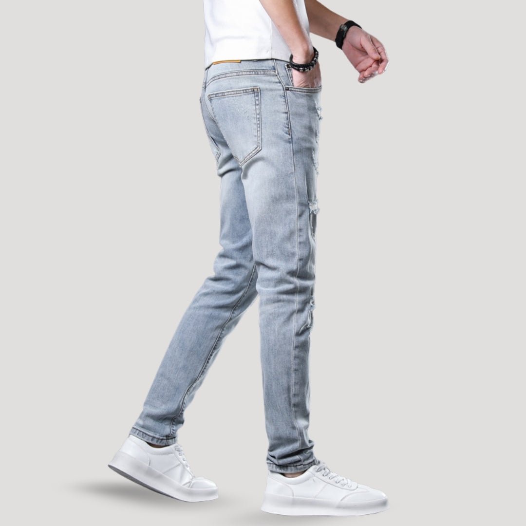 Slim Fit Jeans – Distressed Denim – Light Wash Street Style