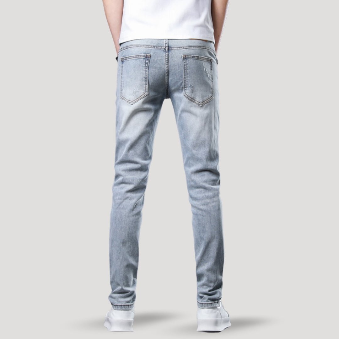 Slim Fit Jeans – Distressed Denim – Light Wash Street Style