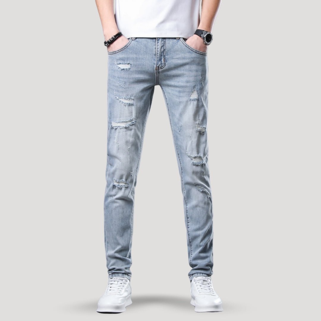 Slim Fit Jeans – Distressed Denim – Light Wash Street Style