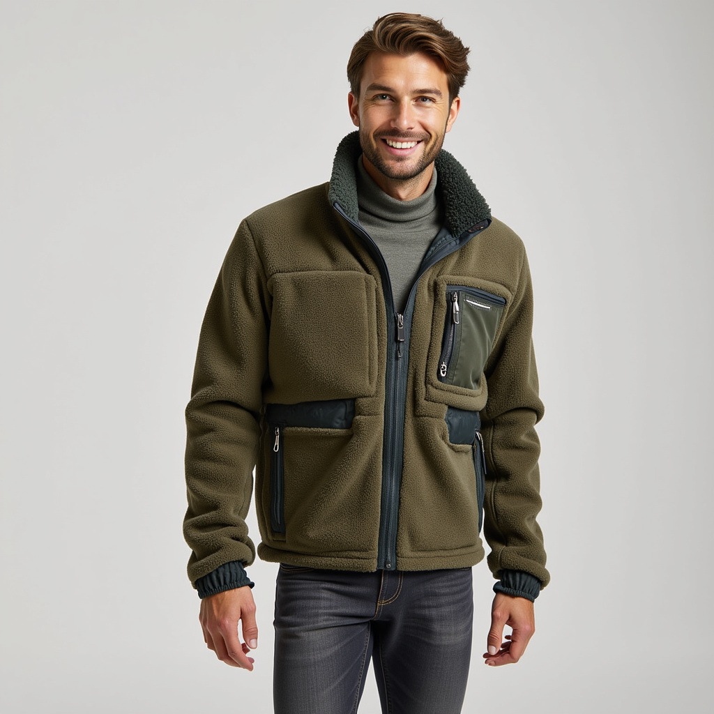 Men’s Fleece Jacket – Utility Pockets – Olive Green Outdoor Fit