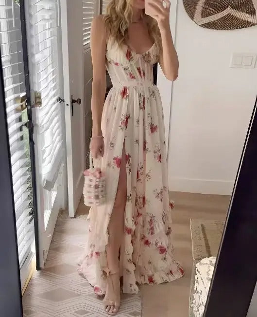 Floral Maxi Dress – Ruffle High Slit – Perfect for Summer Outings