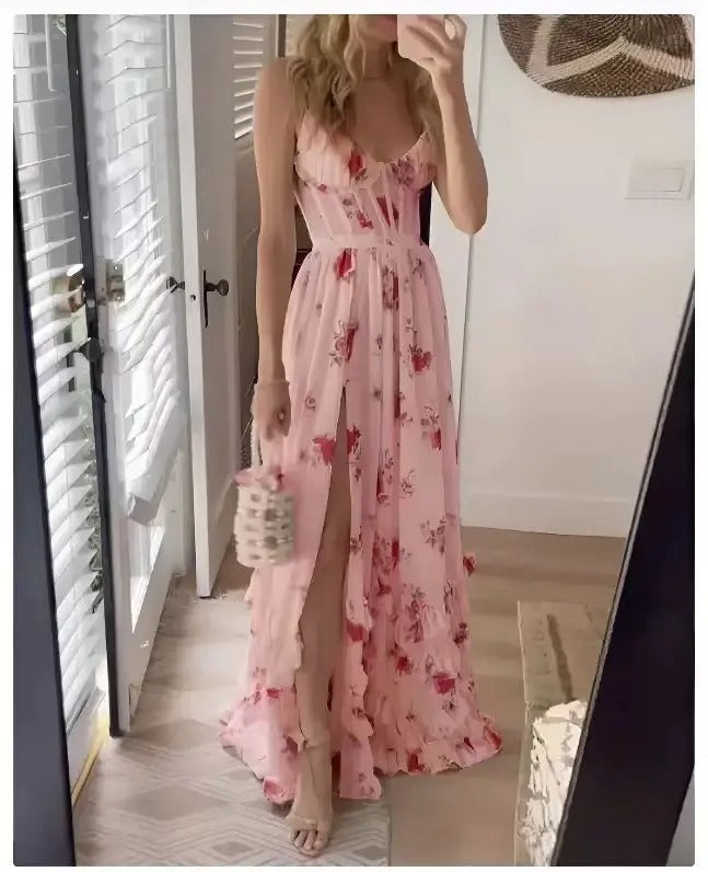 Floral Maxi Dress – Ruffle High Slit – Perfect for Summer Outings
