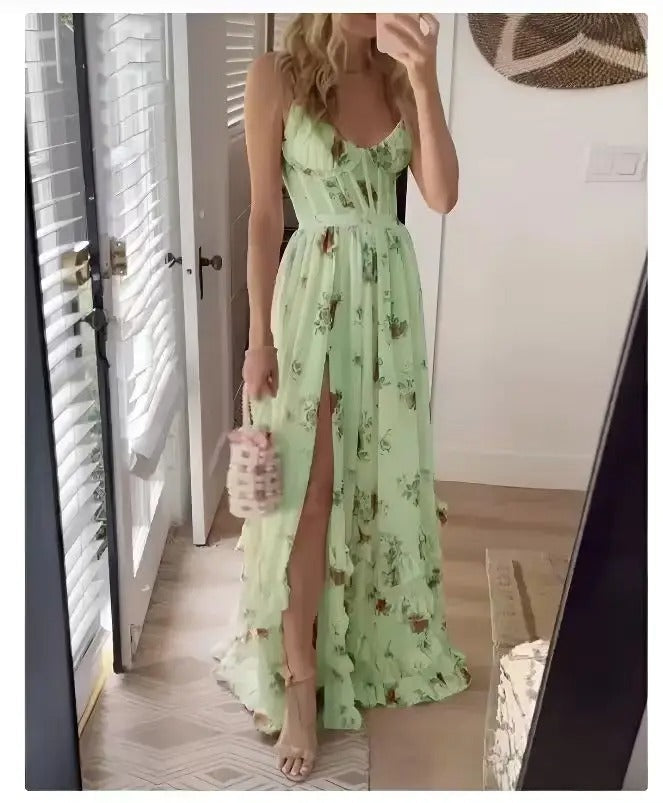 Floral Maxi Dress – Ruffle High Slit – Perfect for Summer Outings