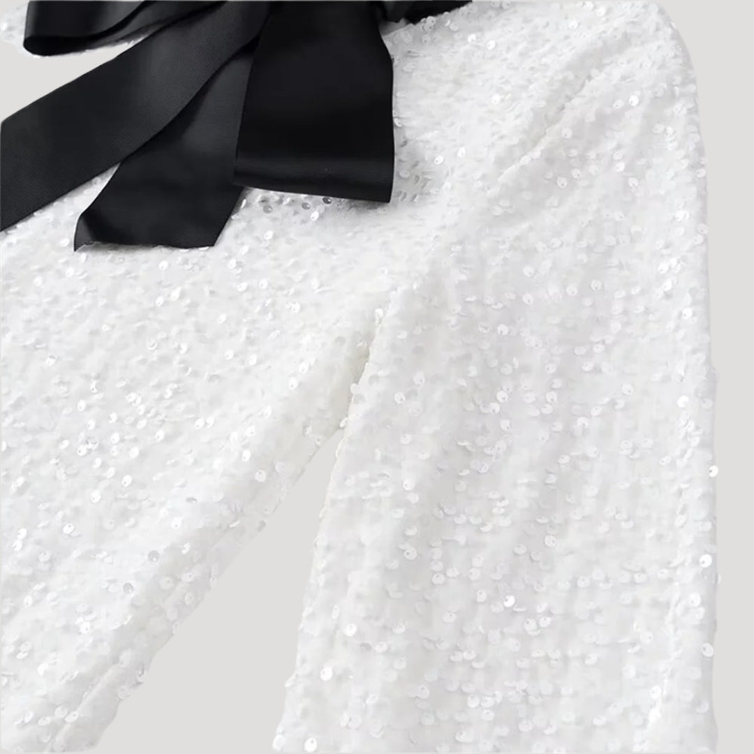 Sequin Mini Dress – Satin Bow Detail – Glam Party Statement